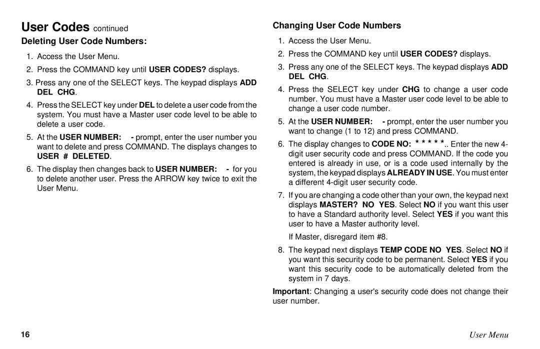 DMP Electronics XR6, XR10 manual Deleting User Code Numbers, Changing User Code Numbers 