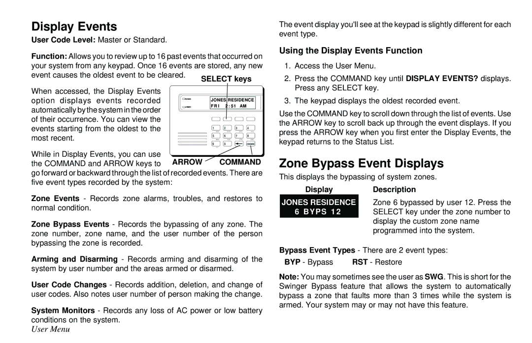 DMP Electronics XR10, XR6 manual Zone Bypass Event Displays, Using the Display Events Function, Description 