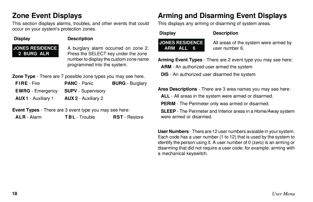 DMP Electronics XR6, XR10 manual Zone Event Displays, Arming and Disarming Event Displays, Display Description 