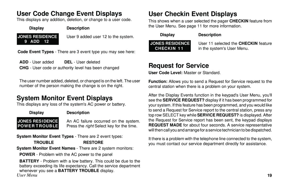 DMP Electronics XR10, XR6 manual User Code Change Event Displays, User Checkin Event Displays, System Monitor Event Displays 