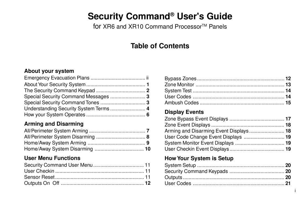 DMP Electronics XR10, XR6 manual Security Command Users Guide, Table of Contents 