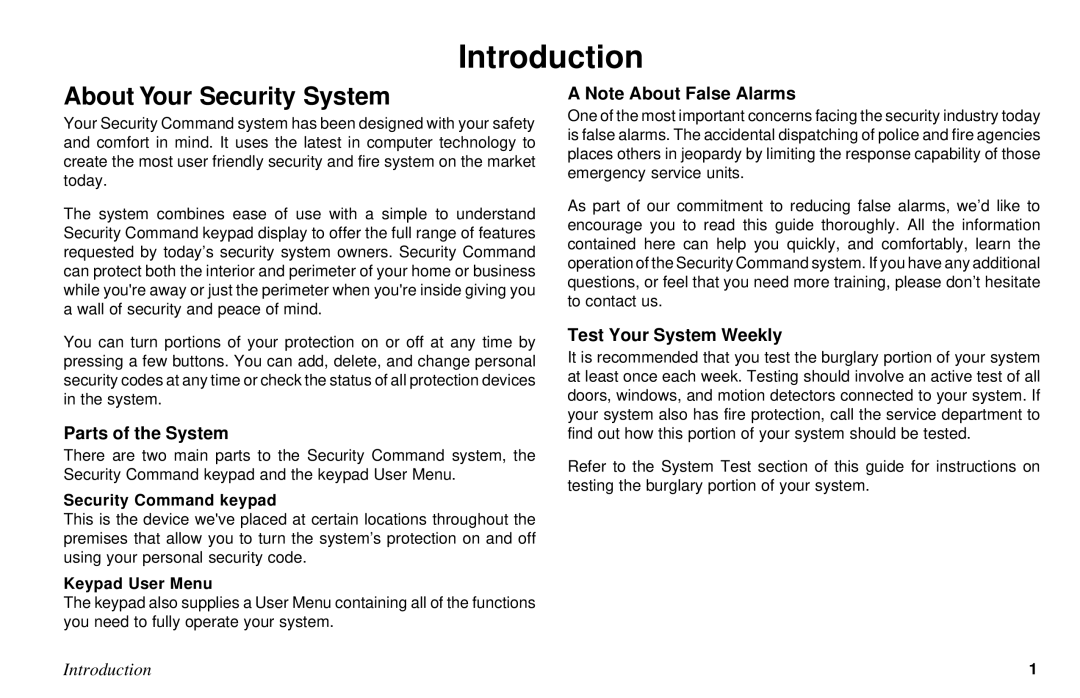 DMP Electronics XR10 About Your Security System, Parts of the System, Test Your System Weekly, Security Command keypad 