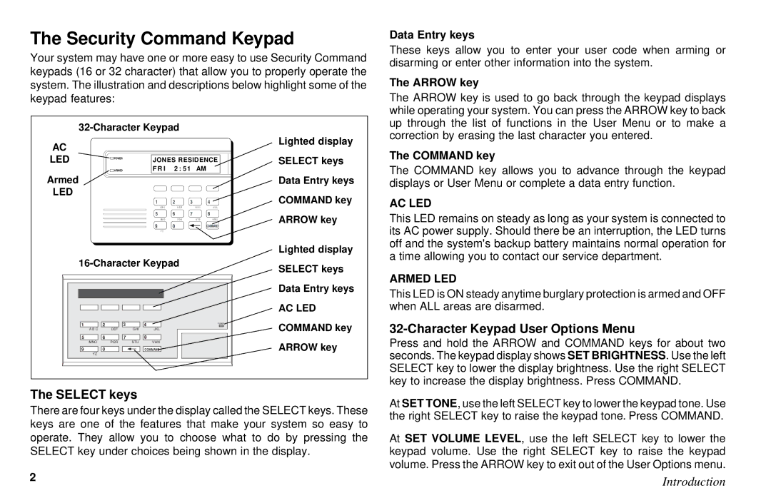 DMP Electronics XR6, XR10 manual Security Command Keypad, Character Keypad User Options Menu, Select keys 