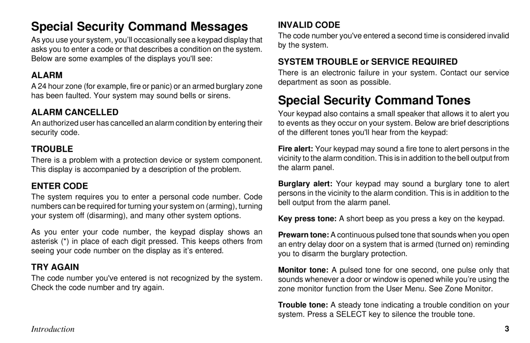 DMP Electronics XR10 Special Security Command Messages, Special Security Command Tones, System Trouble or Service Required 