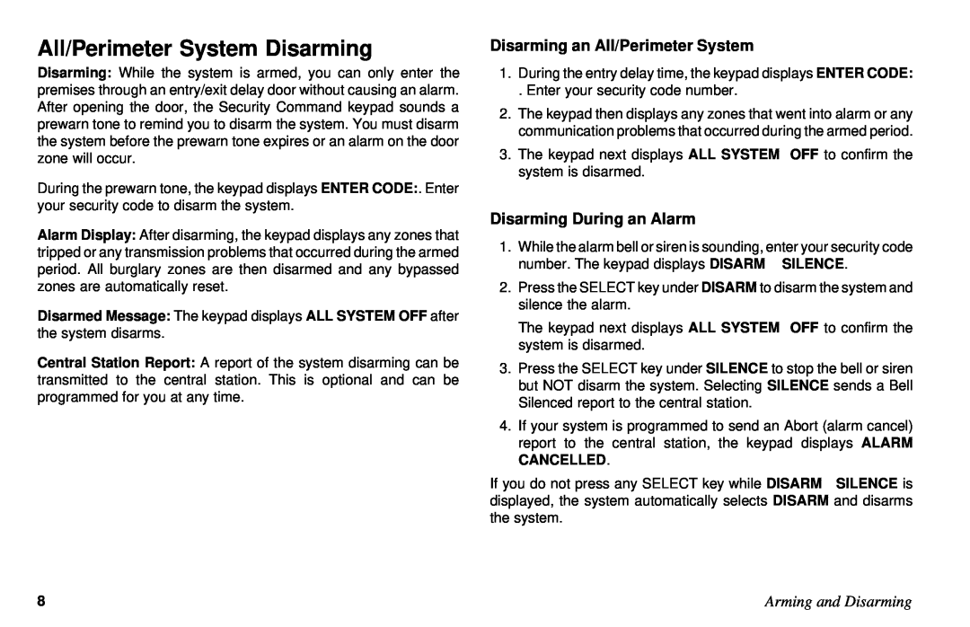 DMP Electronics XR6, XR10 All/Perimeter System Disarming, Disarming an All/Perimeter System, Disarming During an Alarm 