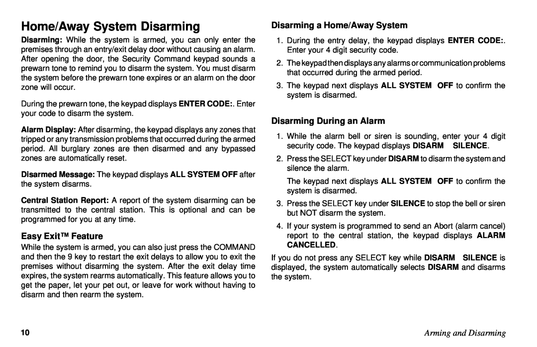 DMP Electronics XR6 Home/Away System Disarming, Easy Exit Feature, Disarming a Home/Away System, Arming and Disarming 