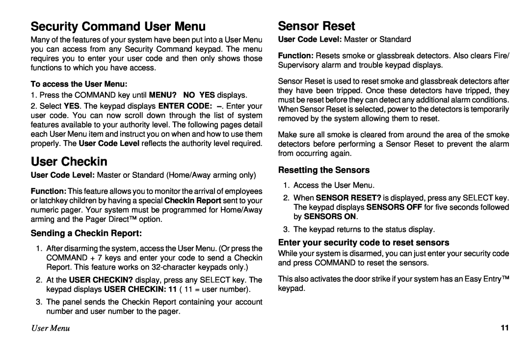 DMP Electronics XR10, XR6 manual Security Command User Menu, User Checkin, Sensor Reset, Sending a Checkin Report 