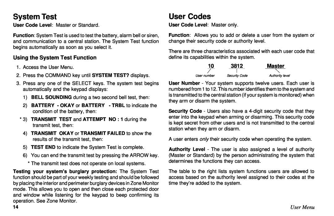 DMP Electronics XR6, XR10 manual User Codes, Using the System Test Function, 10 3812Master, User Menu 