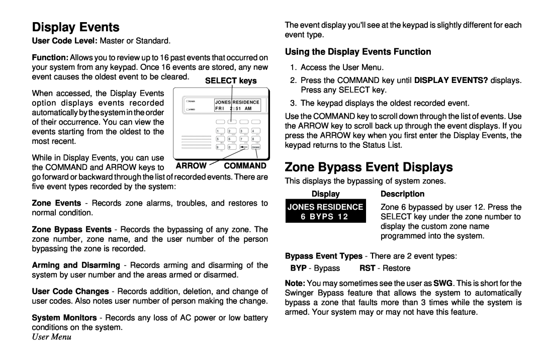 DMP Electronics XR10 Zone Bypass Event Displays, Using the Display Events Function, User Menu, JONES RESIDENCE 6 BYPS 