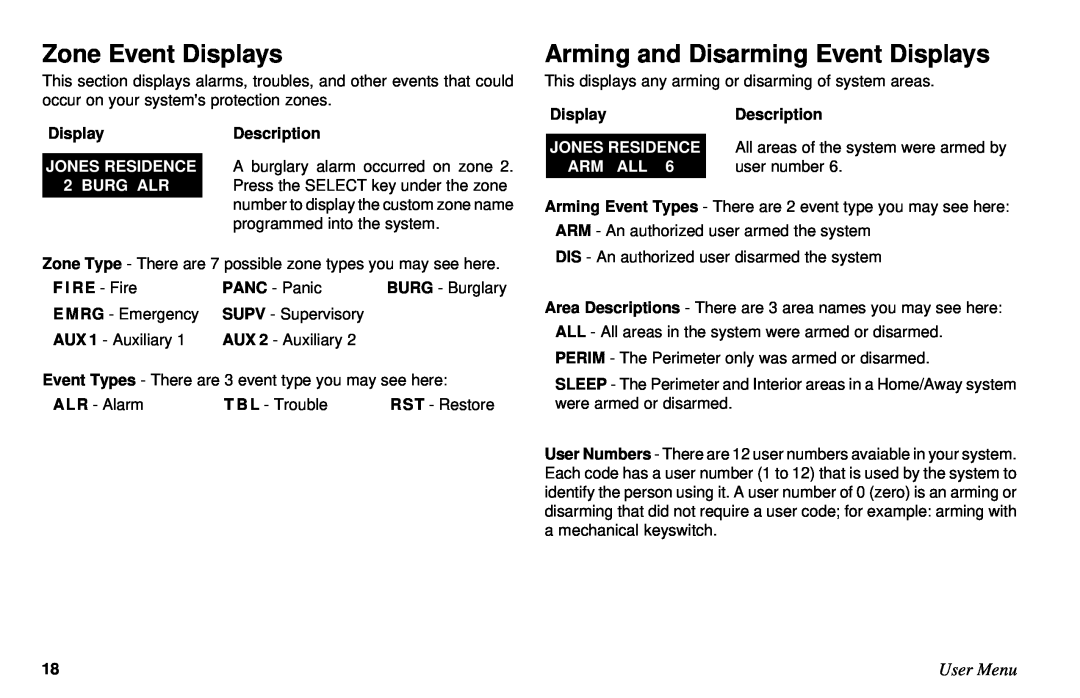 DMP Electronics XR6, XR10 Zone Event Displays, Arming and Disarming Event Displays, User Menu, JONES RESIDENCE 2 BURG ALR 