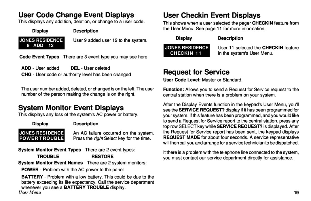 DMP Electronics XR10 User Code Change Event Displays, User Checkin Event Displays, System Monitor Event Displays, 9 ADD 