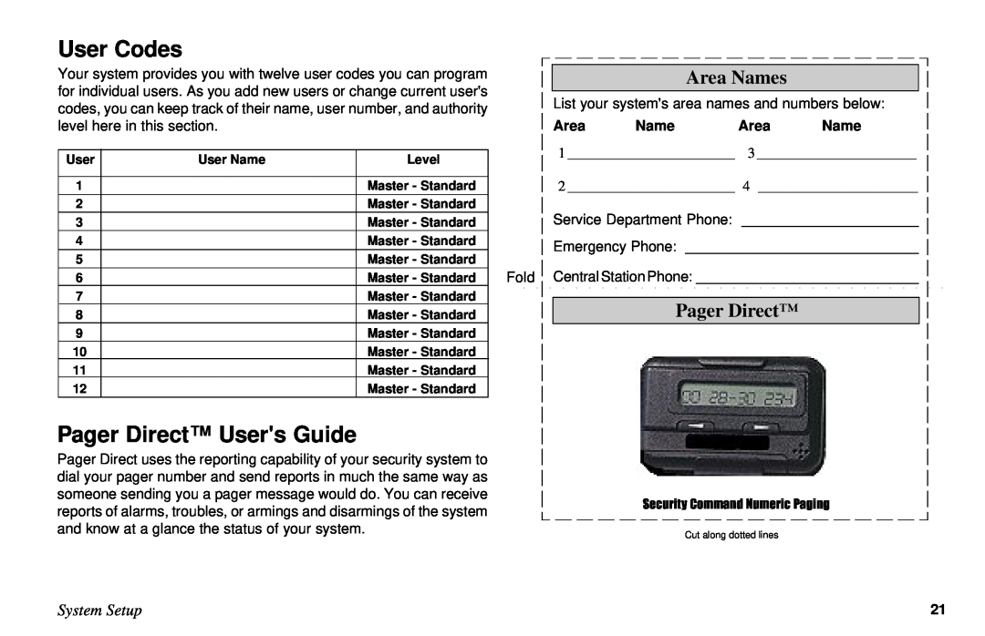 DMP Electronics XR10, XR6 manual Pager Direct Users Guide, Area Names, System Setup, User Codes 