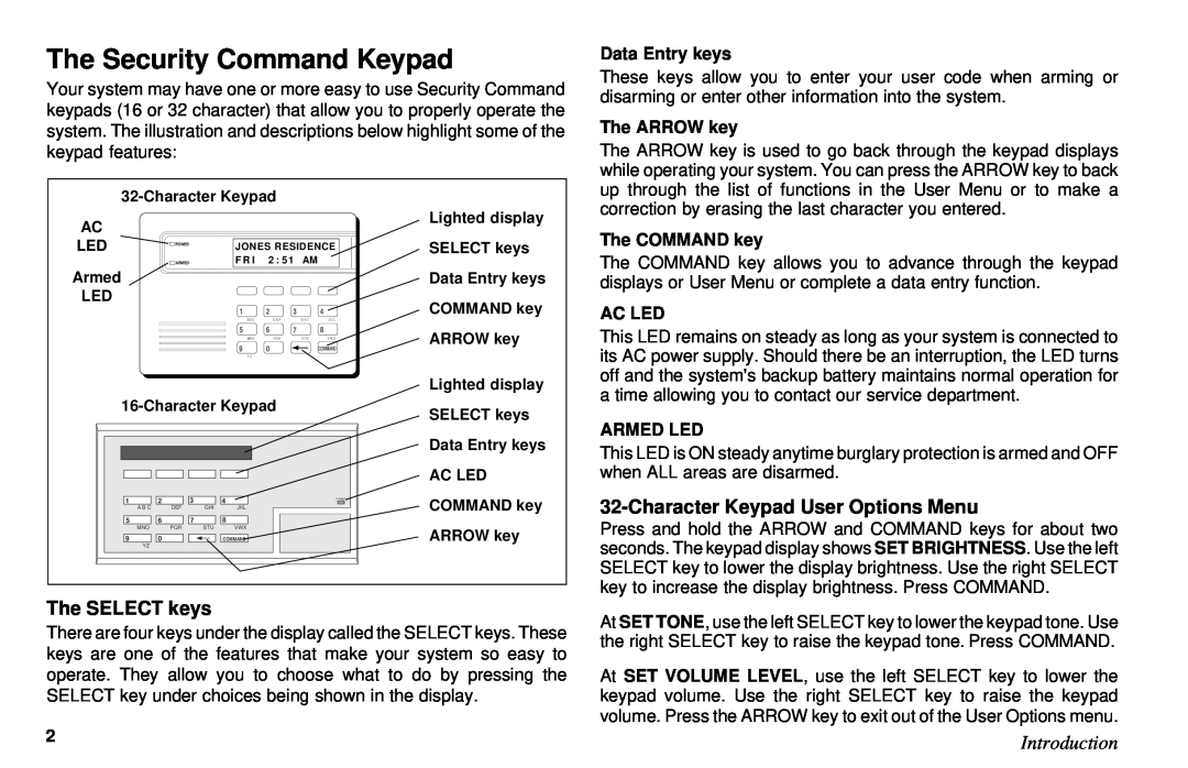 DMP Electronics XR6, XR10 The Security Command Keypad, CharacterKeypad User Options Menu, The SELECT keys, Introduction 