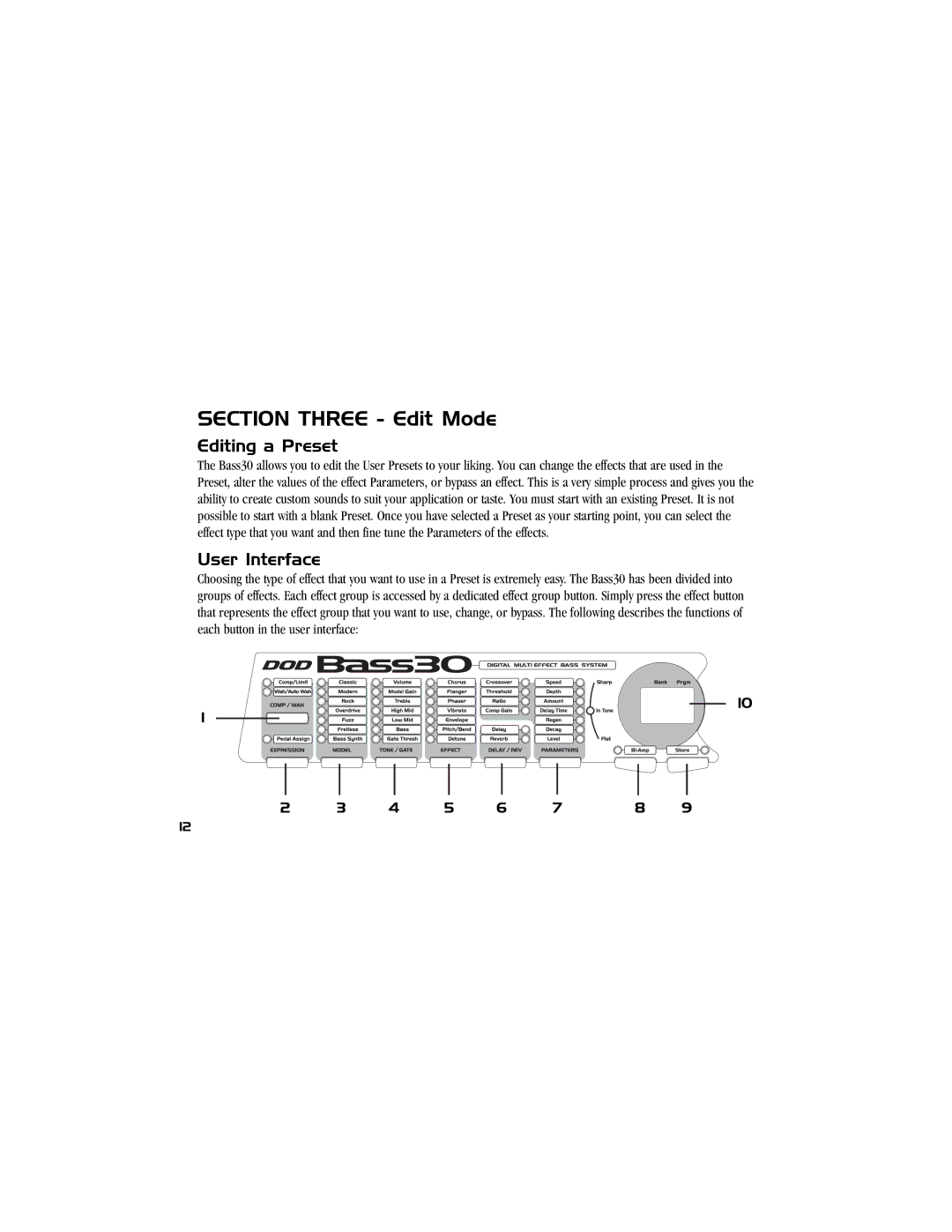 DOD Bass30 manual Section Three Edit Mode, Editing a Preset, User Interface 