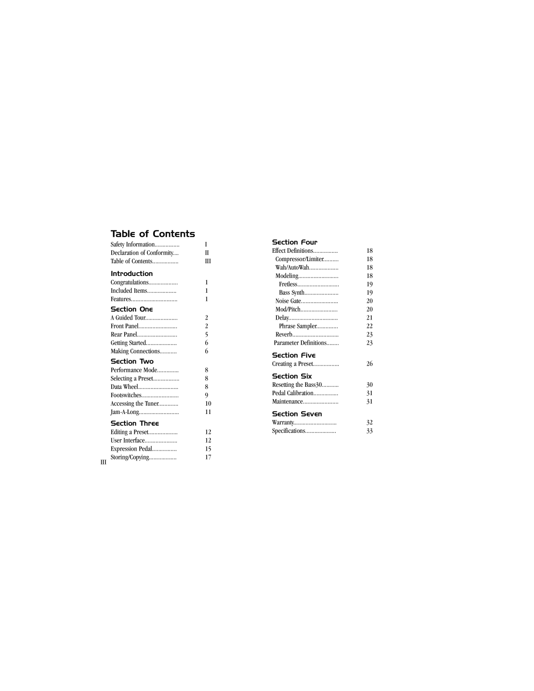 DOD Bass30 manual Table of Contents 