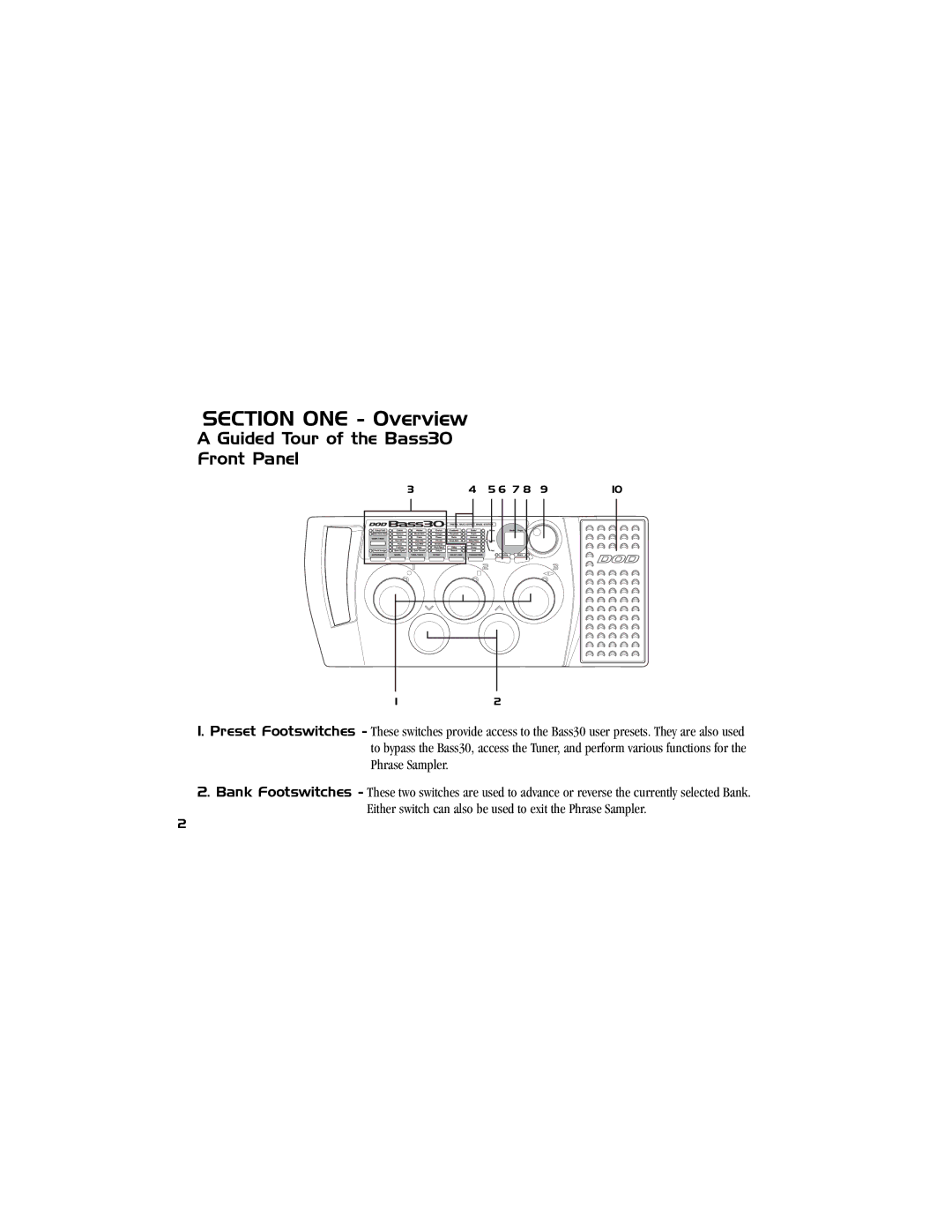 DOD manual Section ONE Overview, Guided Tour of the Bass30 Front Panel 