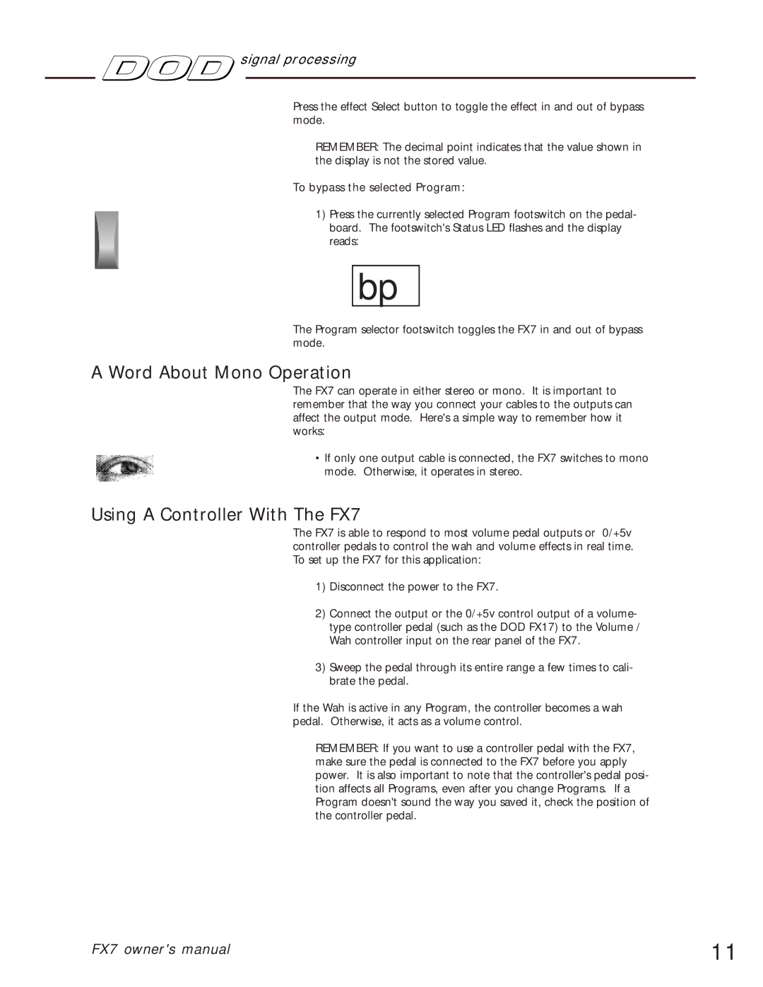 DOD owner manual Word About Mono Operation, Using a Controller With The FX7, To bypass the selected Program 