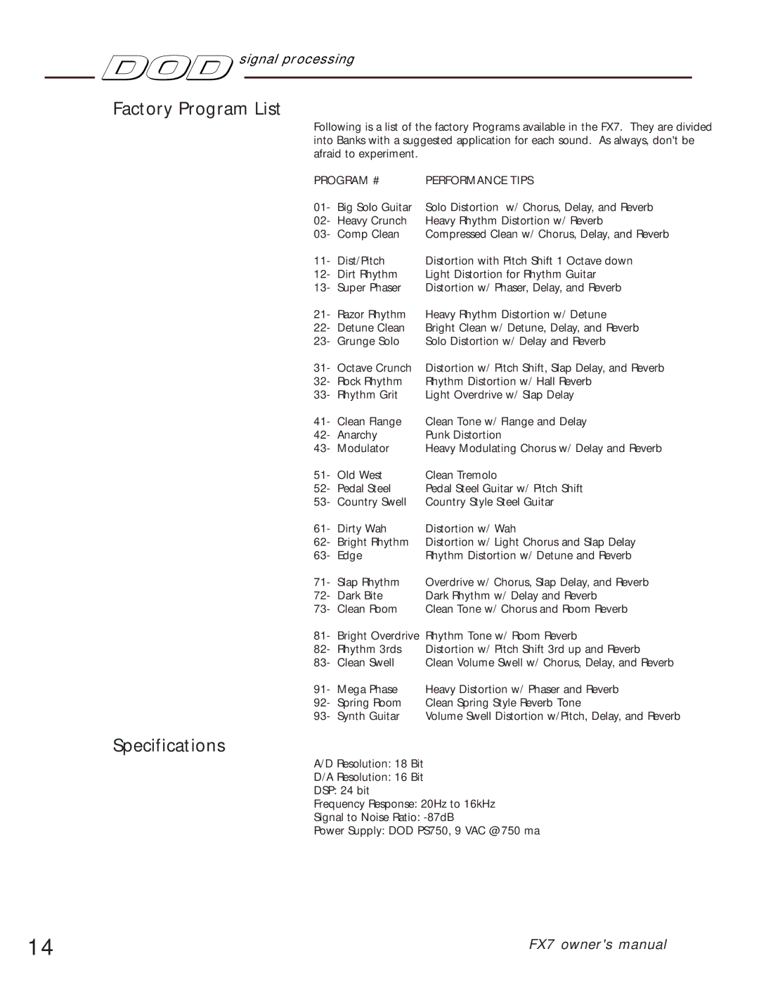 DOD FX7 owner manual Factory Program List, Specifications 