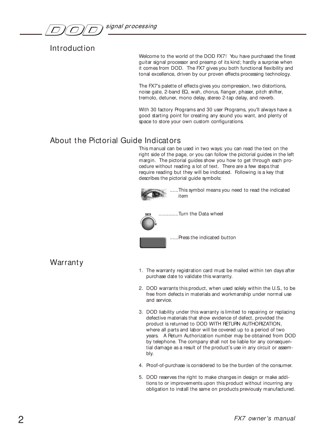 DOD FX7 owner manual Introduction, About the Pictorial Guide Indicators, Warranty 