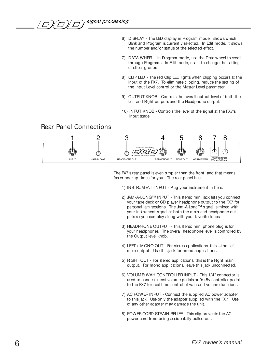 DOD FX7 owner manual Rear Panel Connections, signal processing 