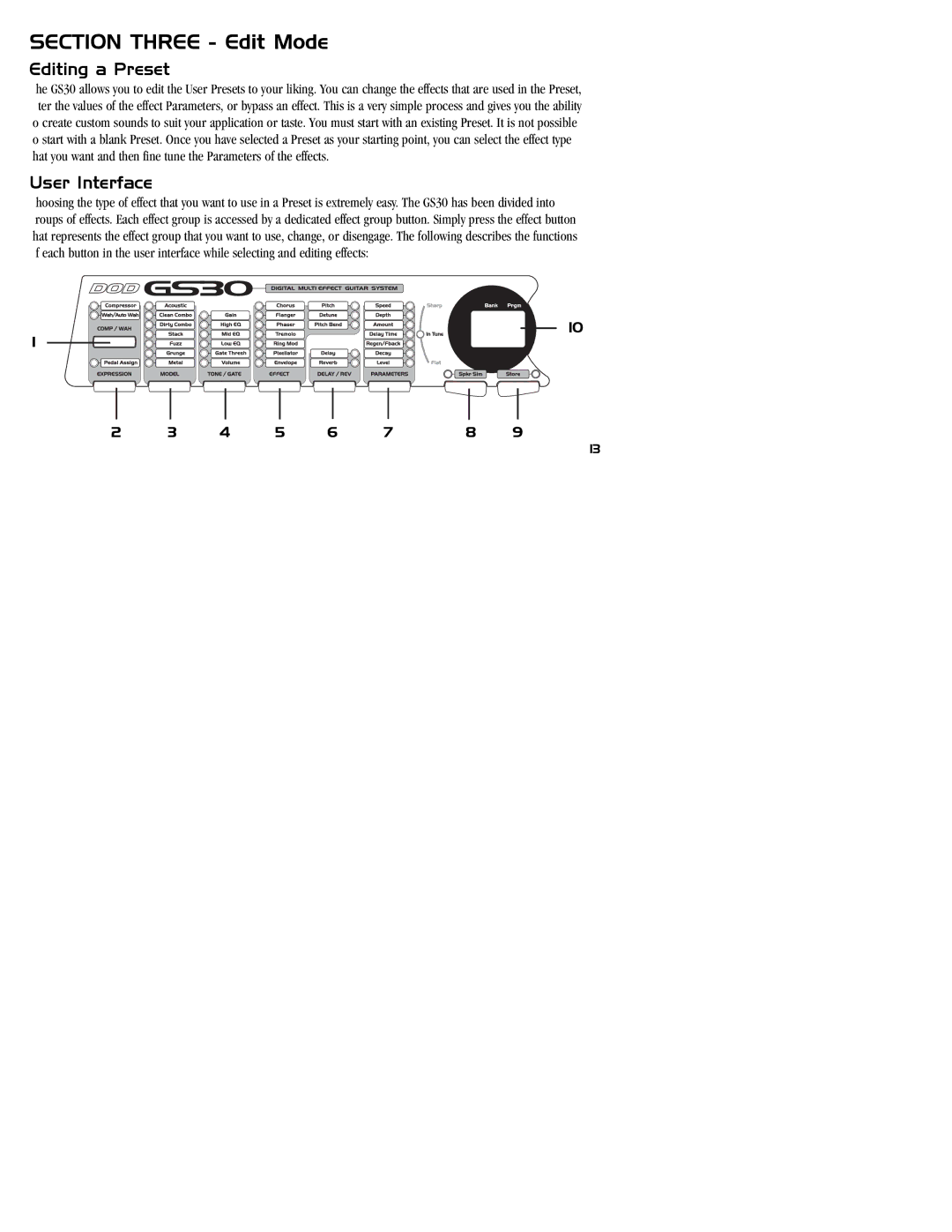 DOD GS30 manual Section Three Edit Mode, Editing a Preset, User Interface 