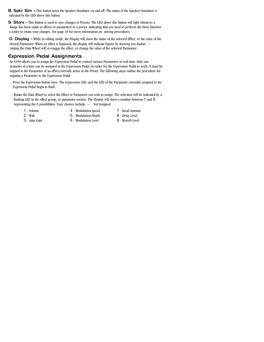 DOD GS30 manual Expression Pedal Assignments, Wah Modulation Depth Delay Level Amp Gain Modulation Level 