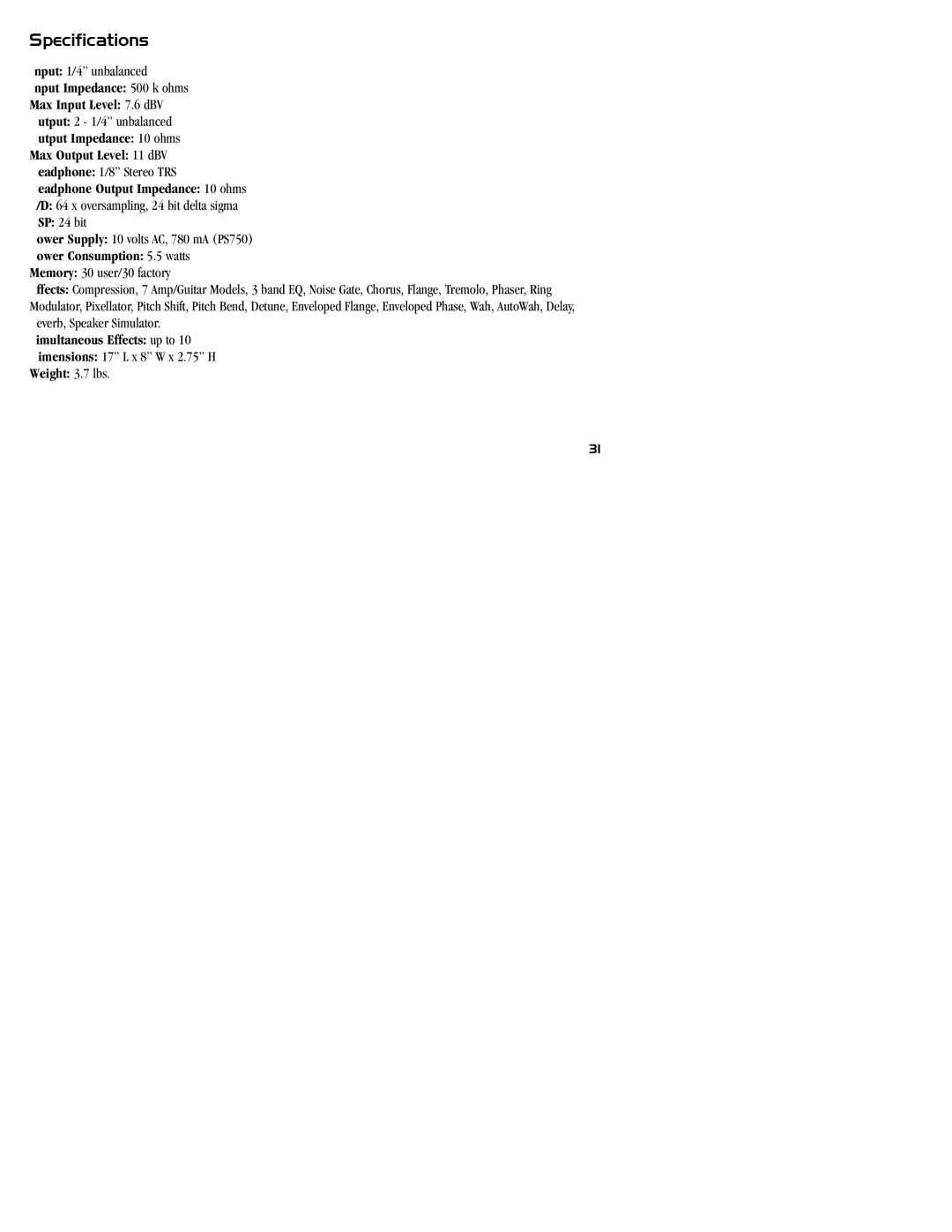 DOD GS30 manual Specifications, Eadphone Output Impedance 10 ohms 