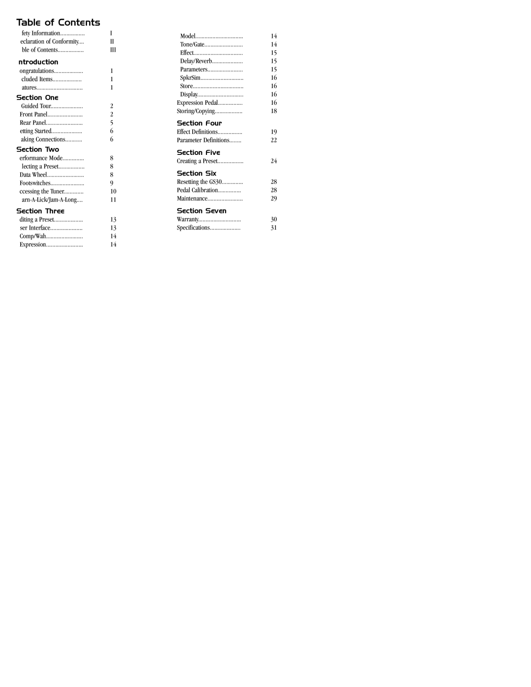 DOD GS30 manual Table of Contents 