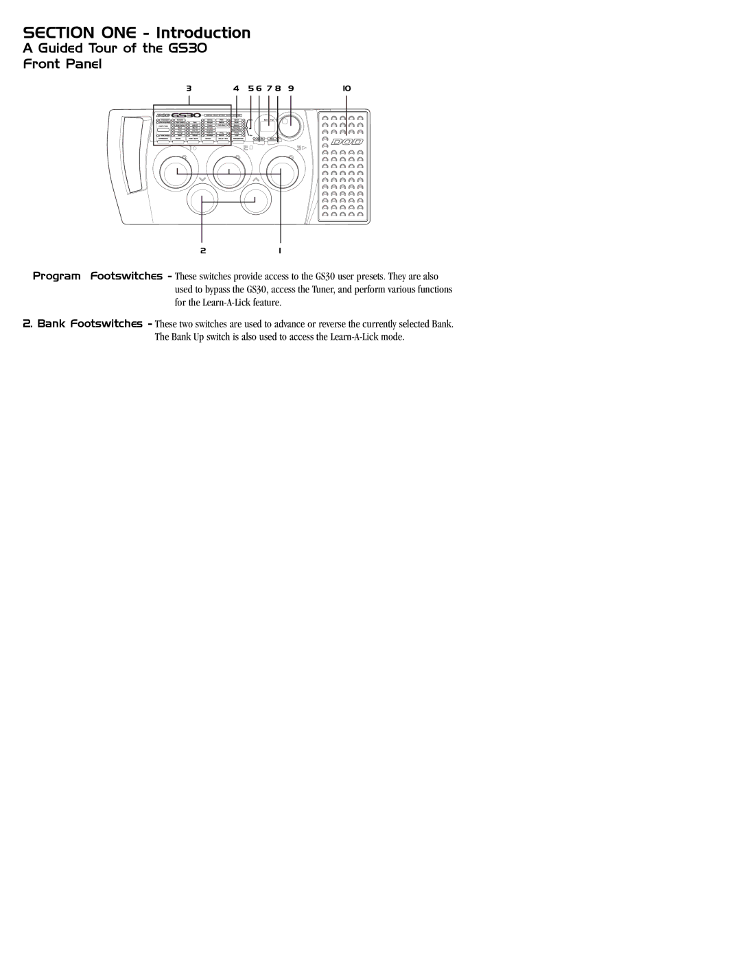 DOD manual Section ONE Introduction, Guided Tour of the GS30 Front Panel 