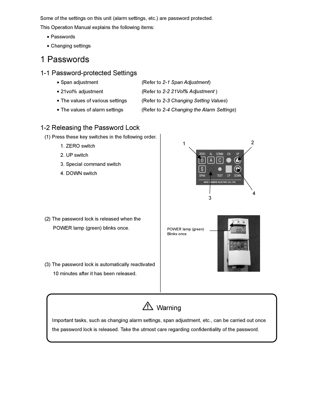 DOD PS-7 operation manual Password-protected Settings, Releasing the Password Lock 