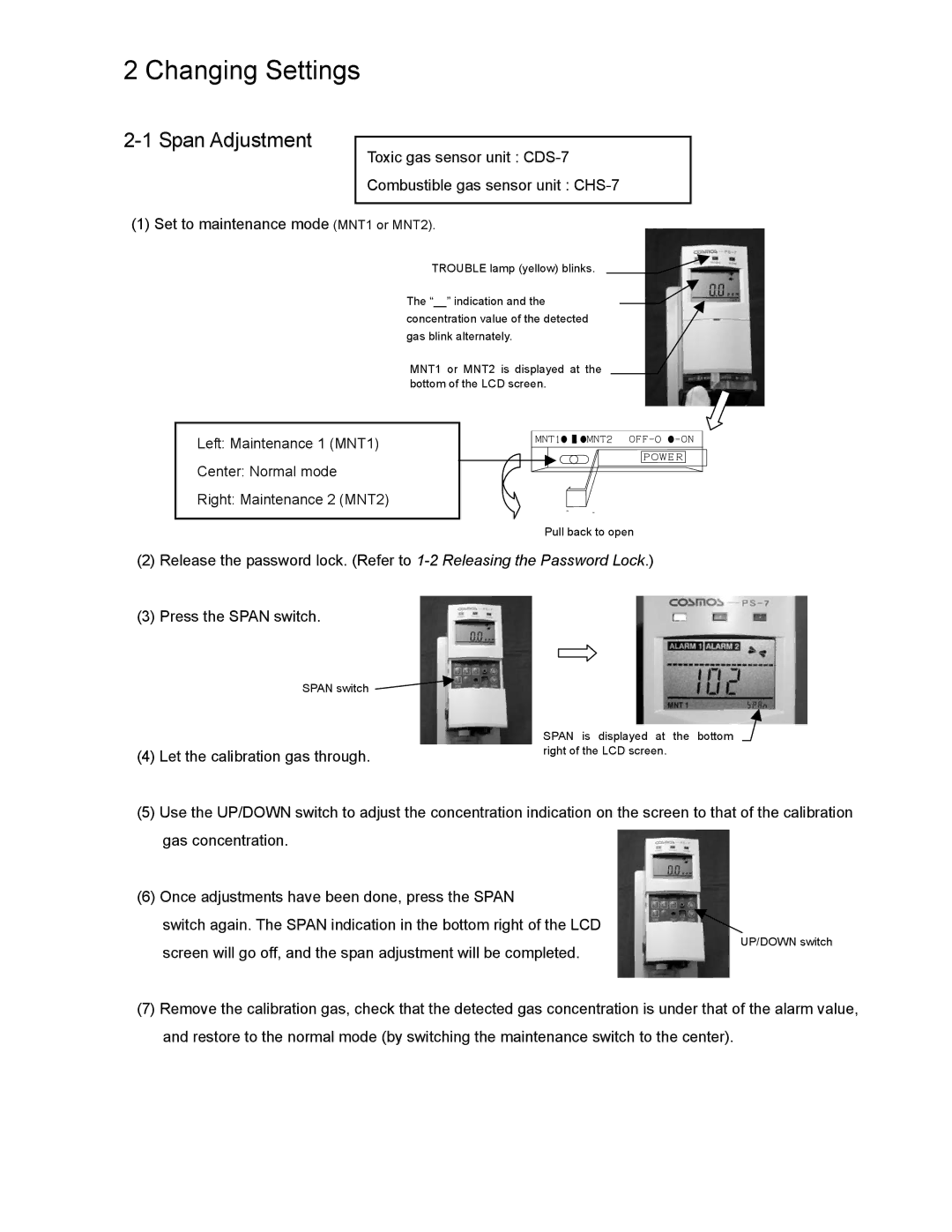 DOD PS-7 operation manual Changing Settings, Span Adjustment 