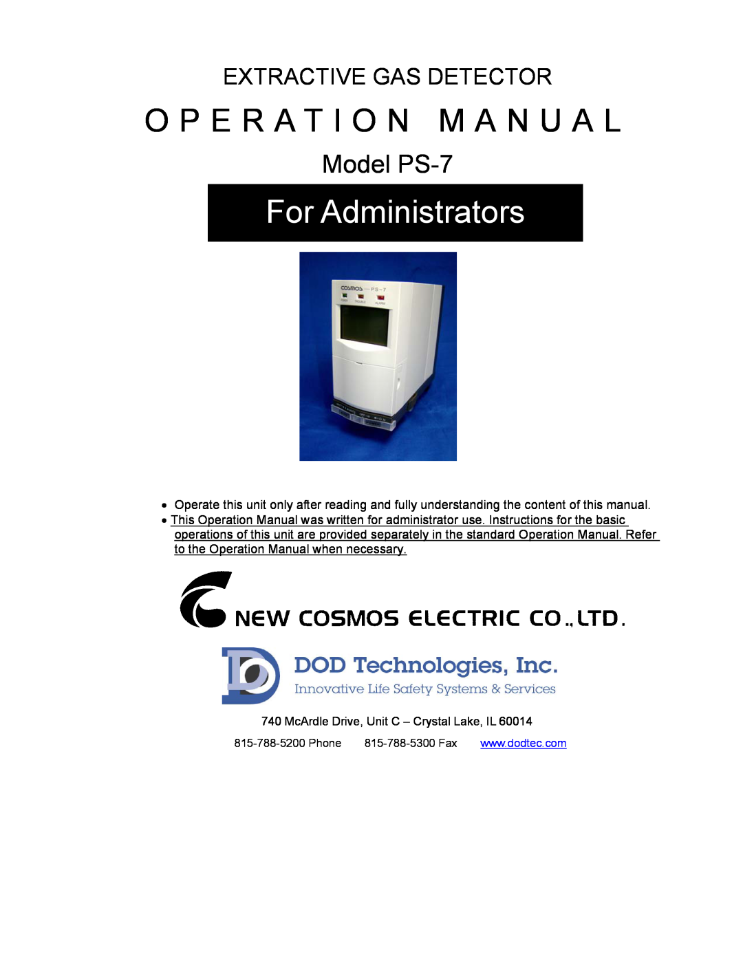DOD operation manual O P E R A T I O N M A N U A L, For Administrators, Model PS-7, Extractive Gas Detector 