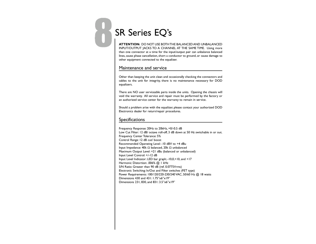 DOD SR431QXLR, SR831QXLR, SR830ZXLR, SR430QXLR, SR 231QX, SR 430QX, SR 431QX, SR 830QX, SR 831QX Maintenance and service 