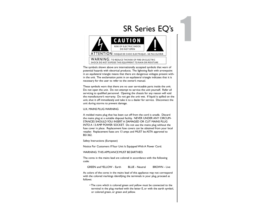 DOD SR430QXLR, SR431QXLR, SR831QXLR, SR830ZXLR owner manual SR Series EQ’s, Mains Plug Warning 