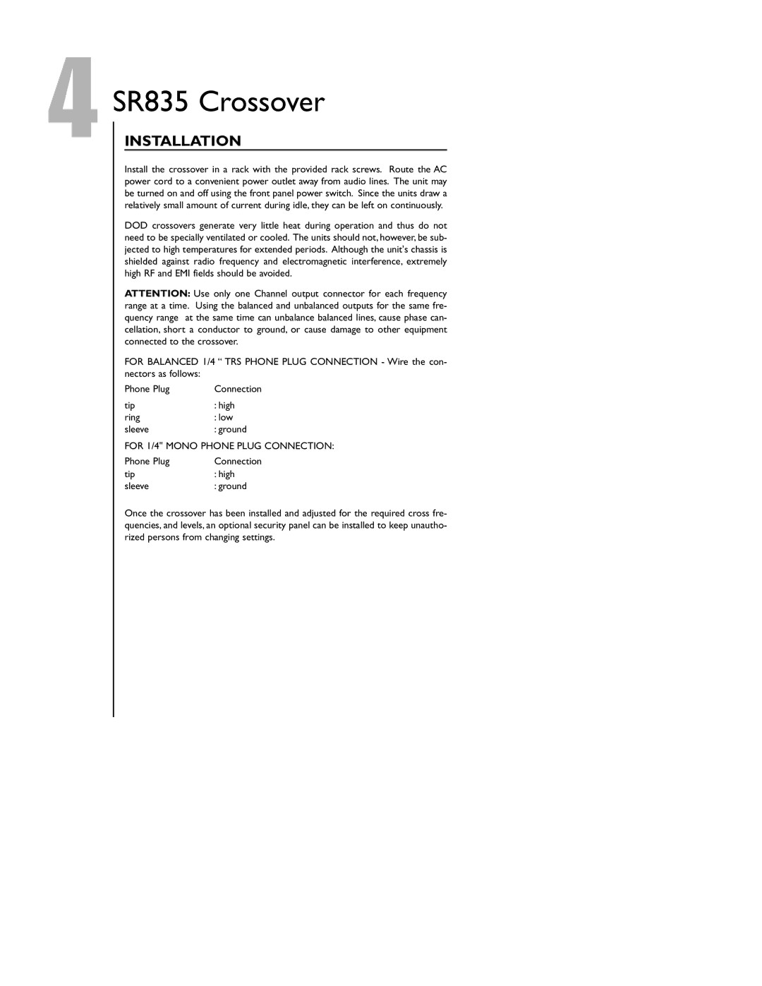 DOD SR835 owner manual Installation, For 1/4 Mono Phone Plug Connection 