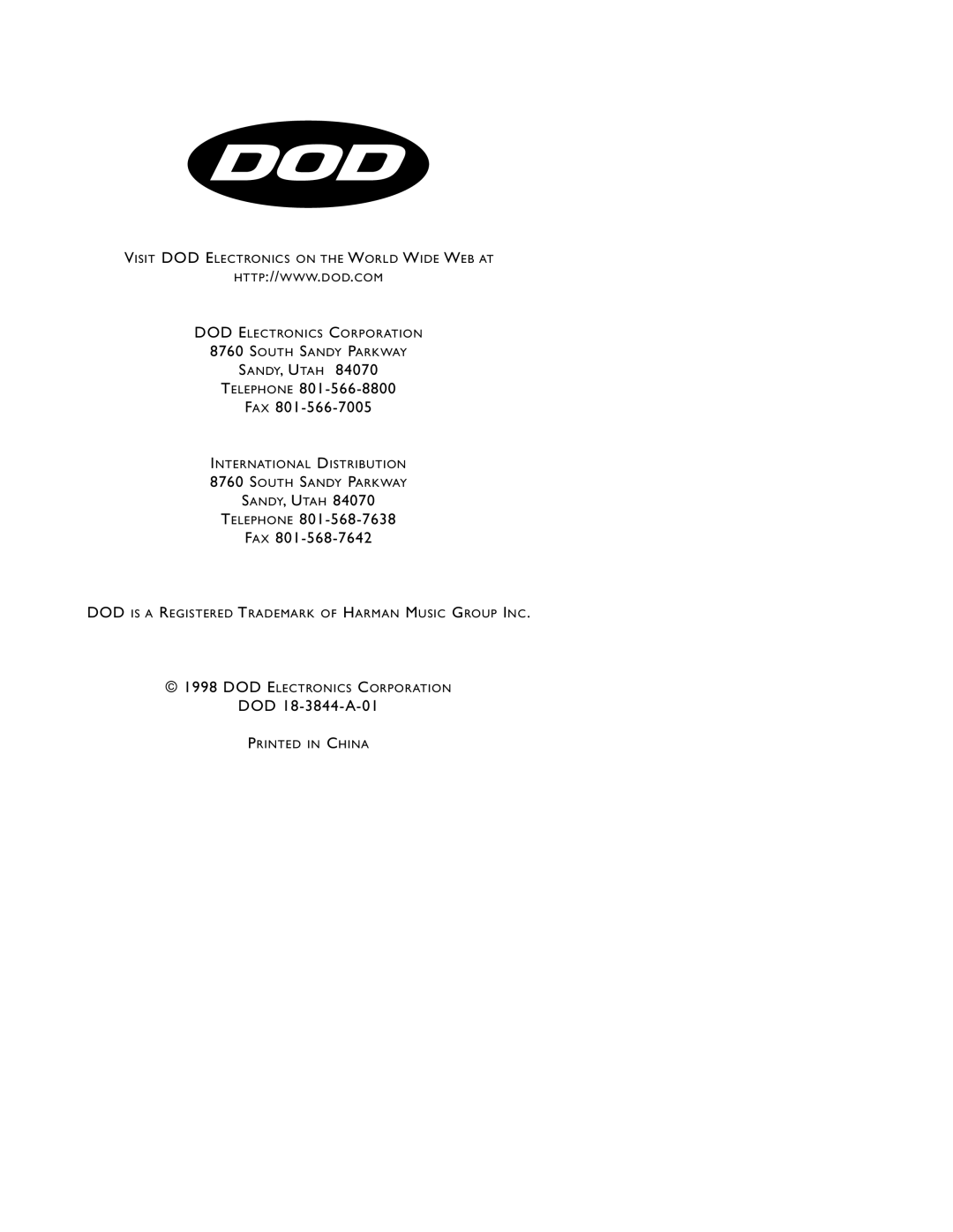 DOD SR835 Sandy, Utah Telephone Fax, DOD 18-3844-A-01, Visit Dod Electronics On The World Wide Web At, South Sandy Parkway 