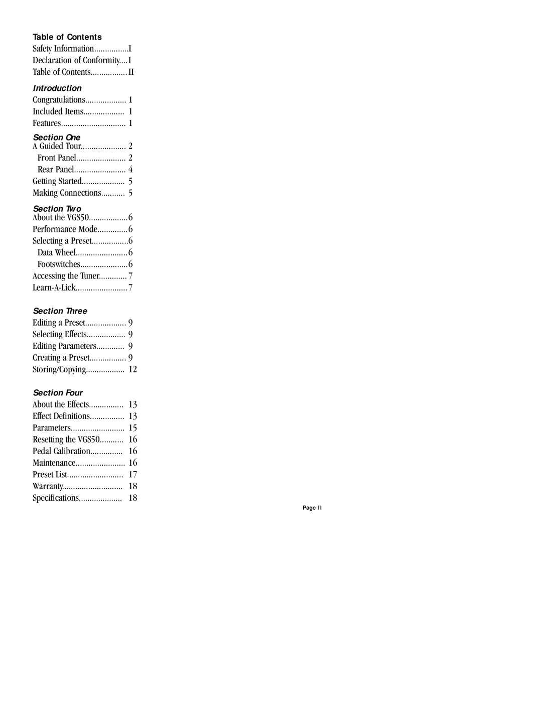 DOD VGS50 owner manual Introduction, Section One, Section Two, Section Three, Section Four 