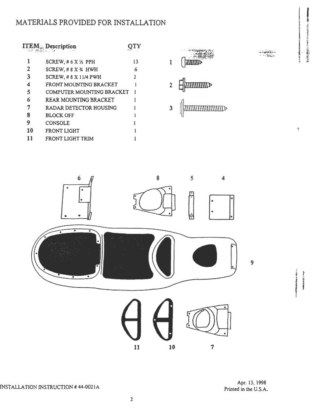 Dodge 118127X manual lrEMi~,pe~cription, Ma Terials Provided For Inst Alla Tion, 11107 
