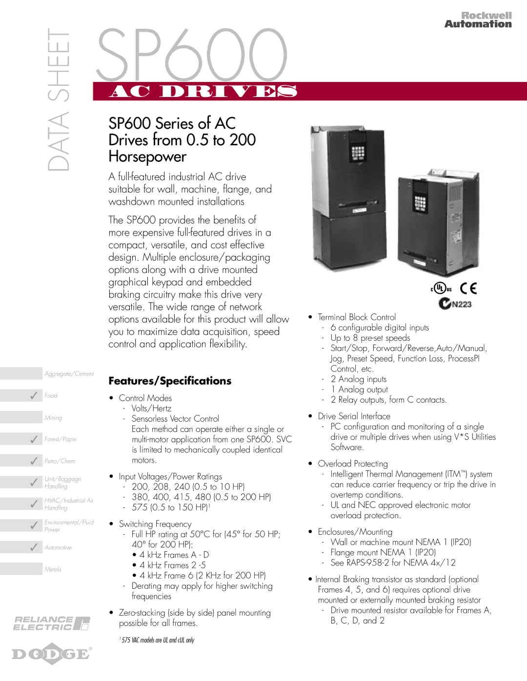 Dodge SP600 Series specifications Sheet 