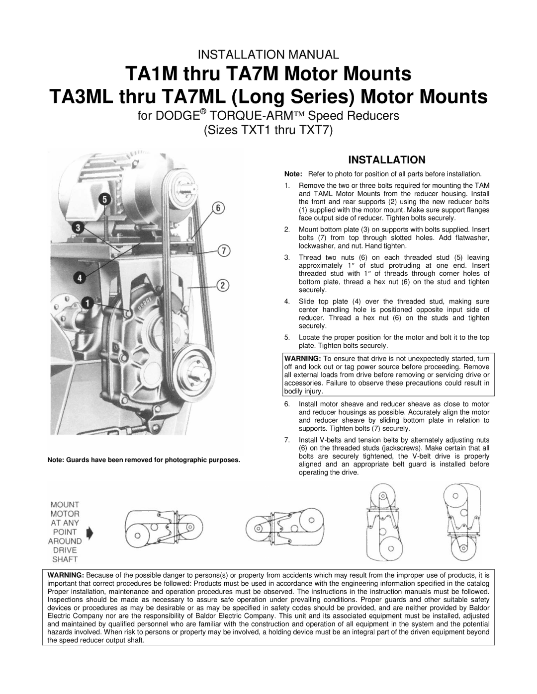 Dodge TA7M, TA1M installation manual For Dodge TORQUE-ARMSpeed Reducers Sizes TXT1 thru TXT7, Installation 