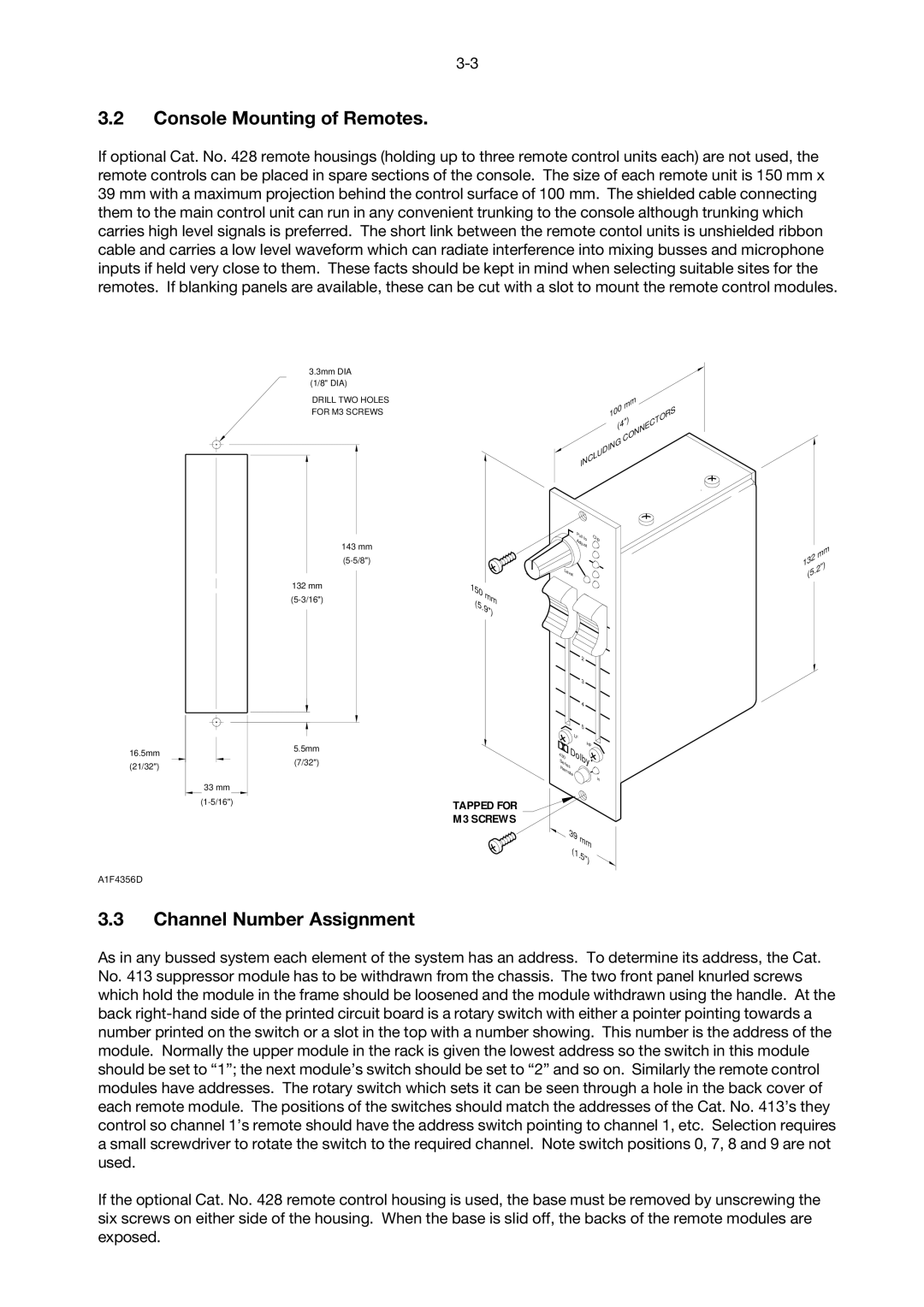 Dolby Laboratories 430 operating instructions Console Mounting of Remotes, Channel Number Assignment 