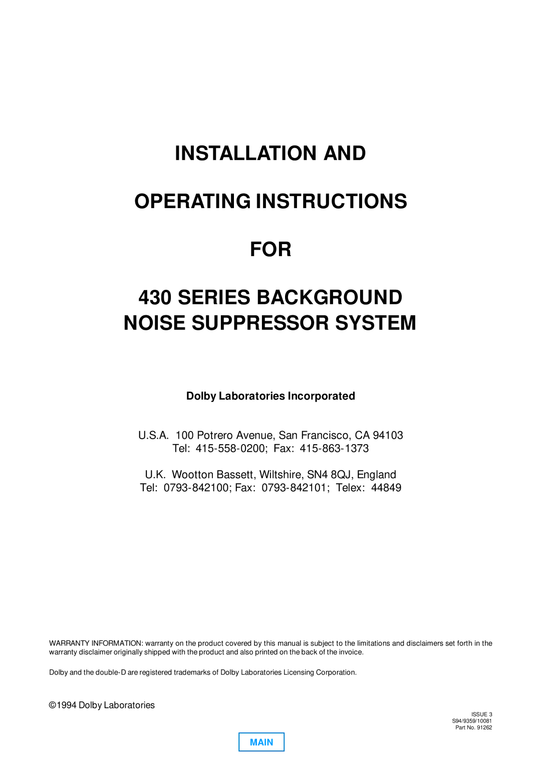 Dolby Laboratories 430 operating instructions Dolby Laboratories Incorporated 