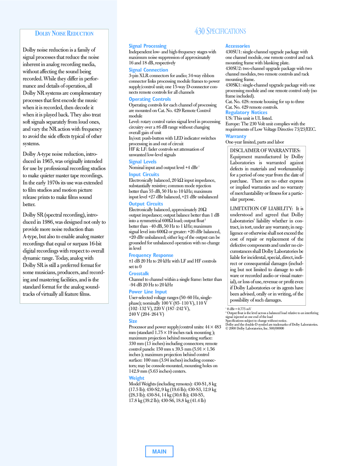 Dolby Laboratories 430 operating instructions Specifications 