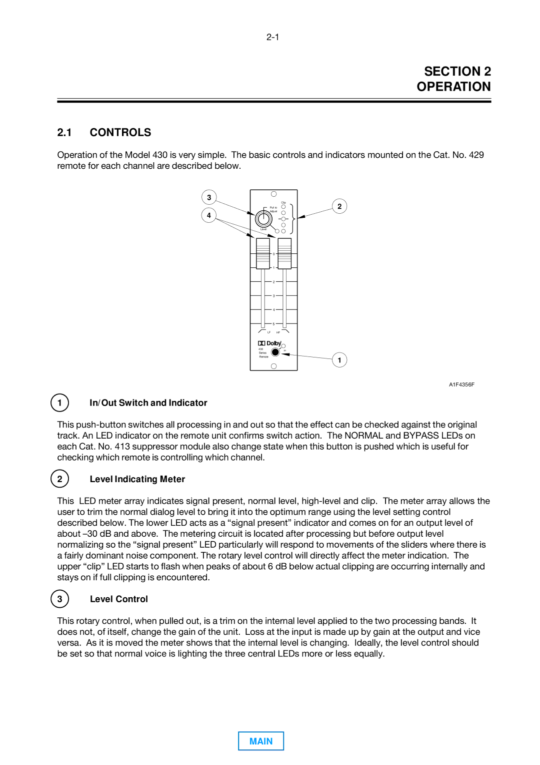 Dolby Laboratories 430 operating instructions Section Operation, Controls 