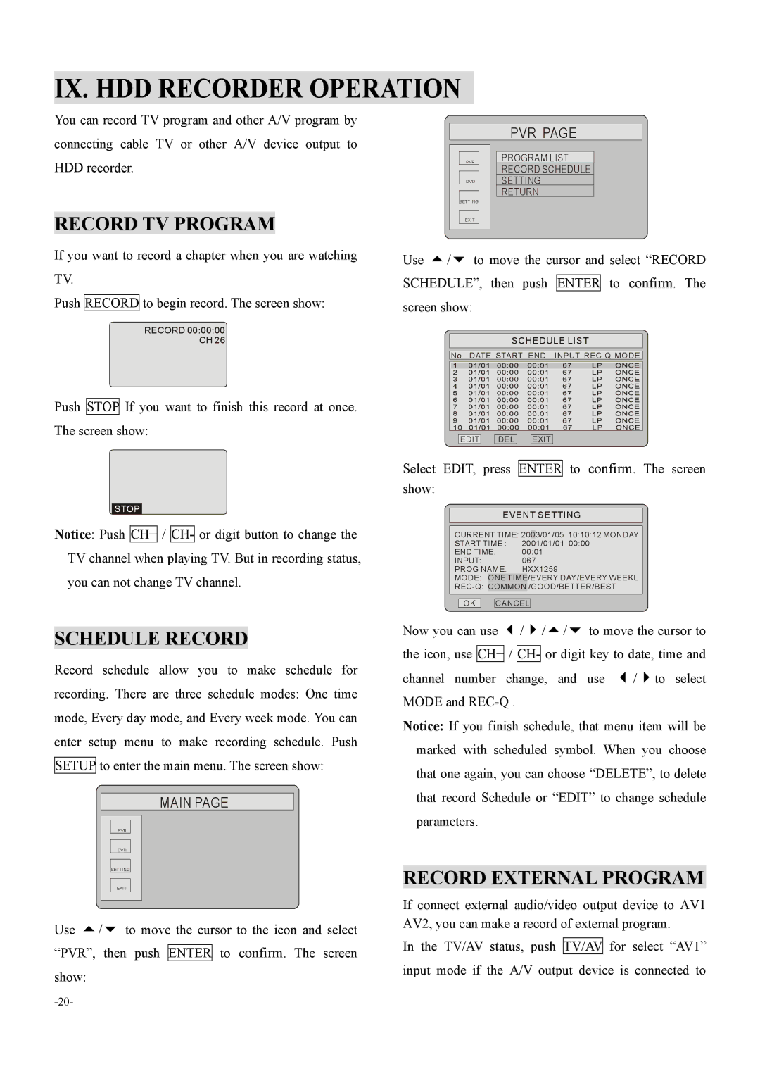 Dolby Laboratories 6000 user manual IX. HDD Recorder Operation, Record TV Program, Schedule Record, Record External Program 