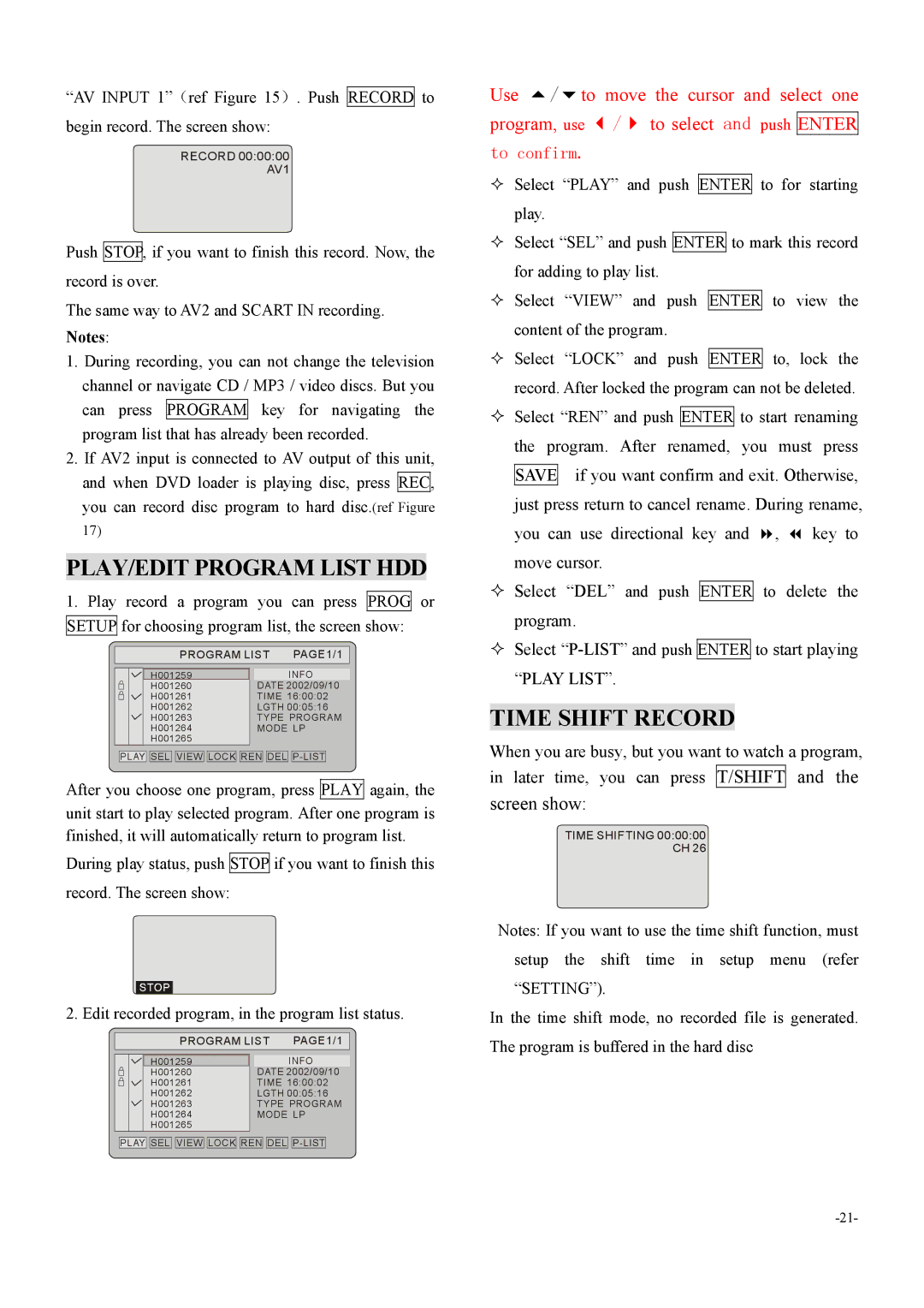 Dolby Laboratories 6000 user manual PLAY/EDIT Program List HDD, Time Shift Record 