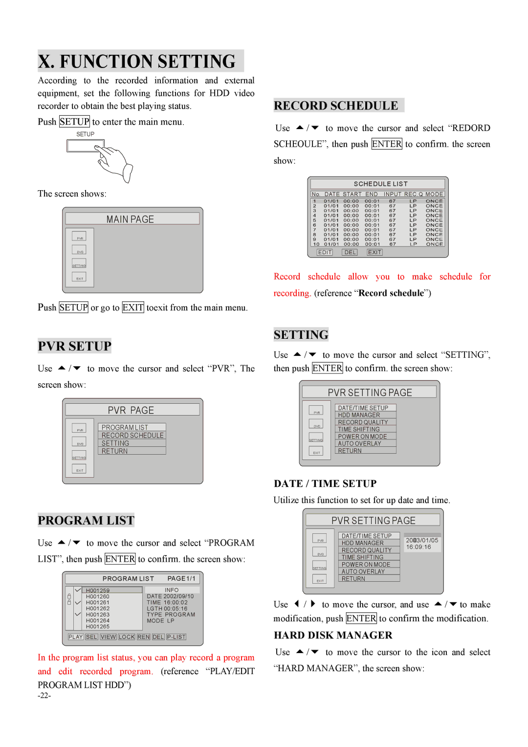 Dolby Laboratories 6000 user manual Function Setting, PVR Setup, Date / Time Setup, Hard Disk Manager 