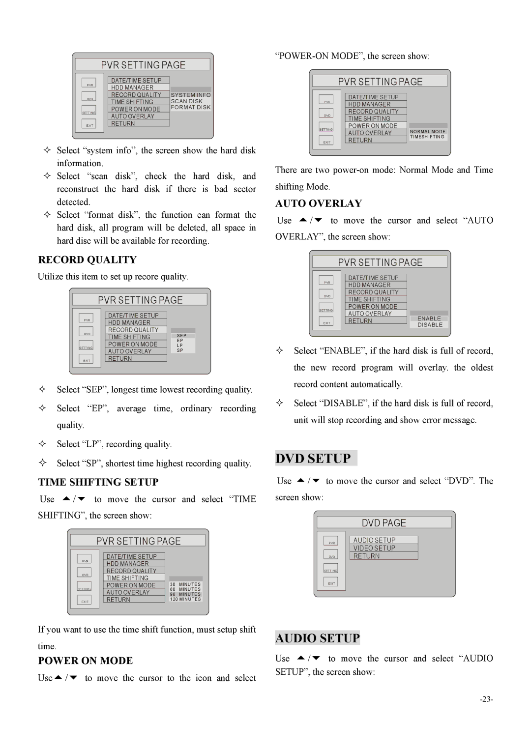 Dolby Laboratories 6000 user manual DVD Setup, Record Quality, Time Shifting Setup, Power on Mode, Auto Overlay 