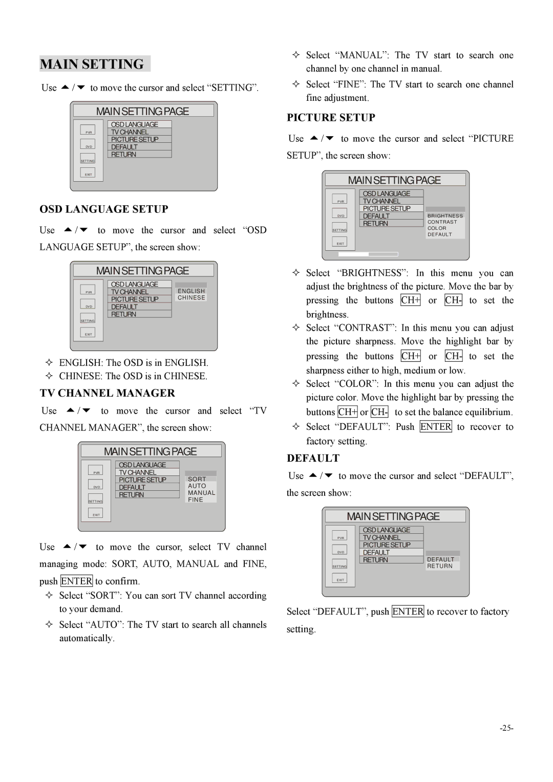 Dolby Laboratories 6000 user manual Main Setting, OSD Language Setup, TV Channel Manager, Picture Setup, Default 