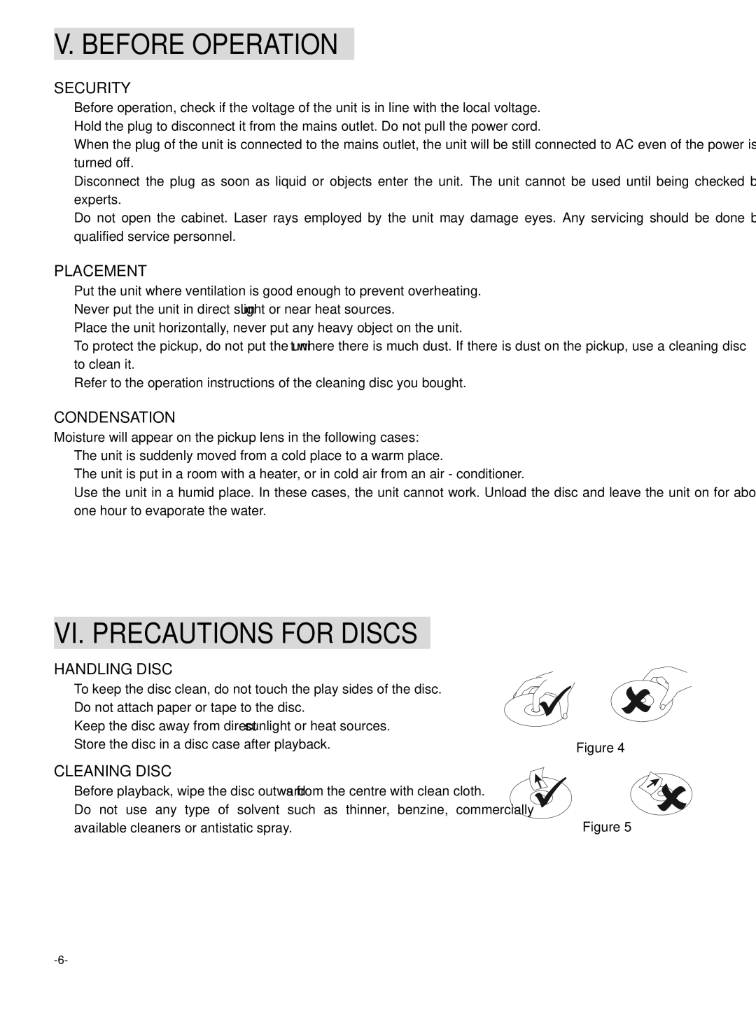 Dolby Laboratories 6000 user manual Before Operation, VI. Precautions for Discs 